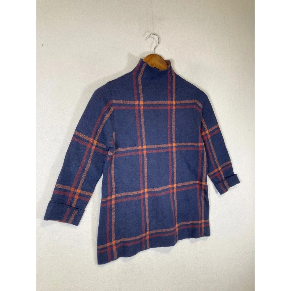 Dark Academia Max Studio Women‎ S Navy Blue Orange Plaid Mock Neck Sweater